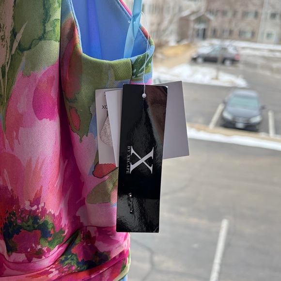 🆕 Xscape Floral Chiffon Halter Maxi Dress Size 12 Pink Blue Ruffle Formal Gown - Picture 15 of 17